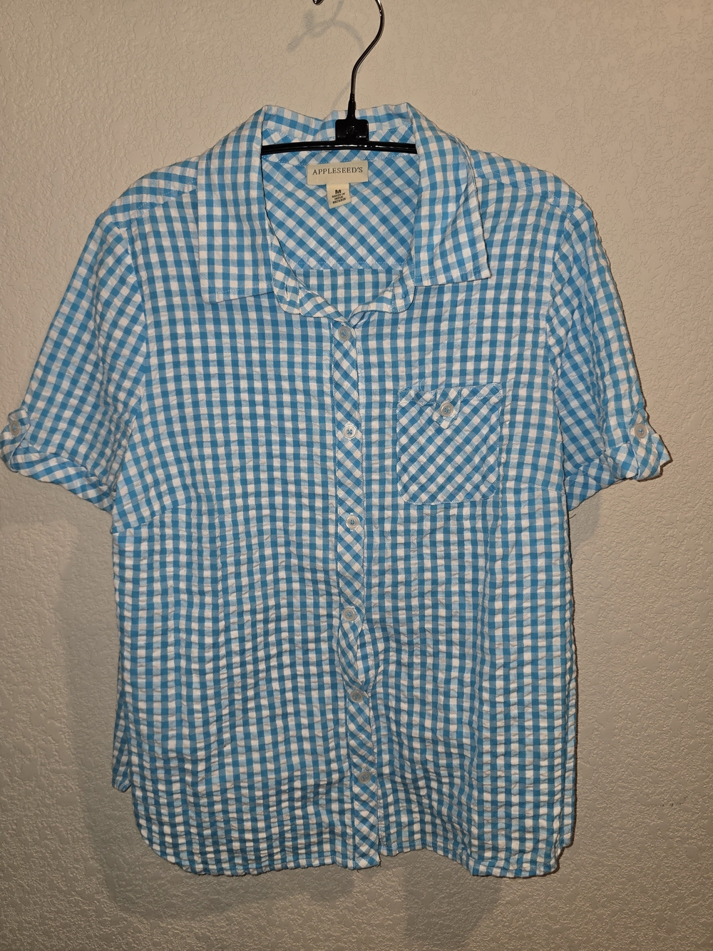 Appleseed's 100% Cotton Blue & White Gingham Seersucker Short Sleeve Shirt -